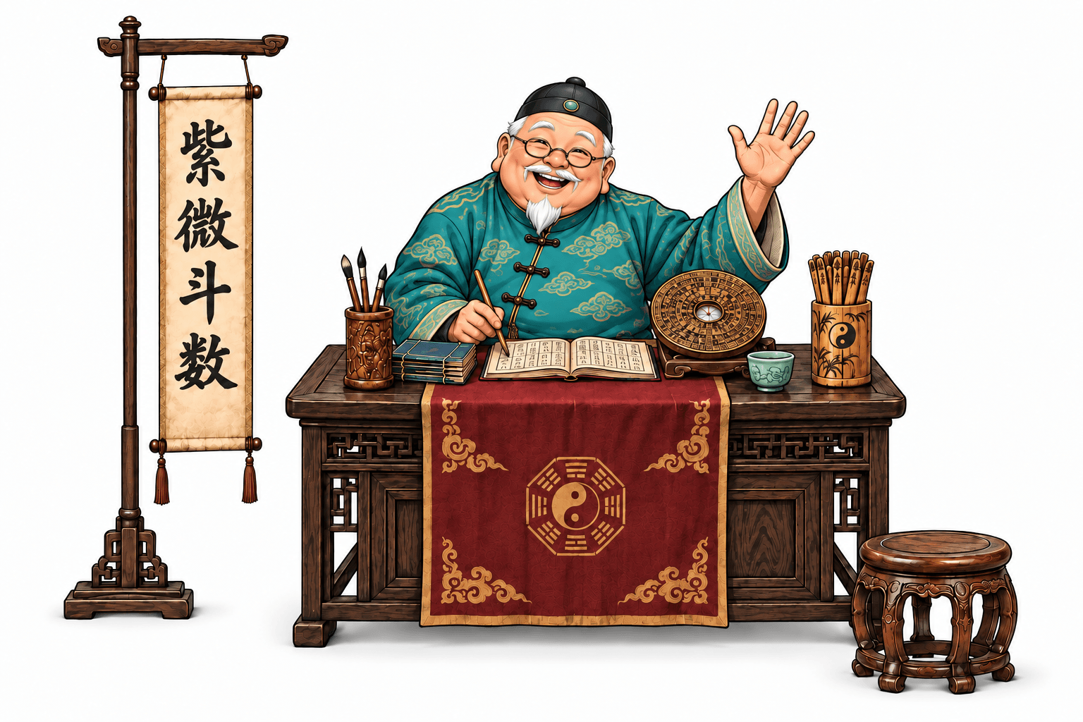 白底彩色漫画算命摊位：亲切圆润的老先生坐在木桌后招手，身旁挂着紫微斗数布幡
